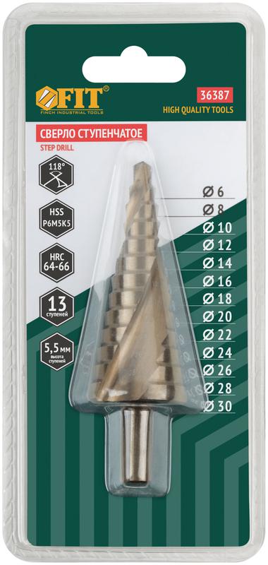 Сверло ступенчатое HSS Co5% (Р6М5К5) пометаллу спиральный профиль 13 ступеней 6-30мм FIT 36387