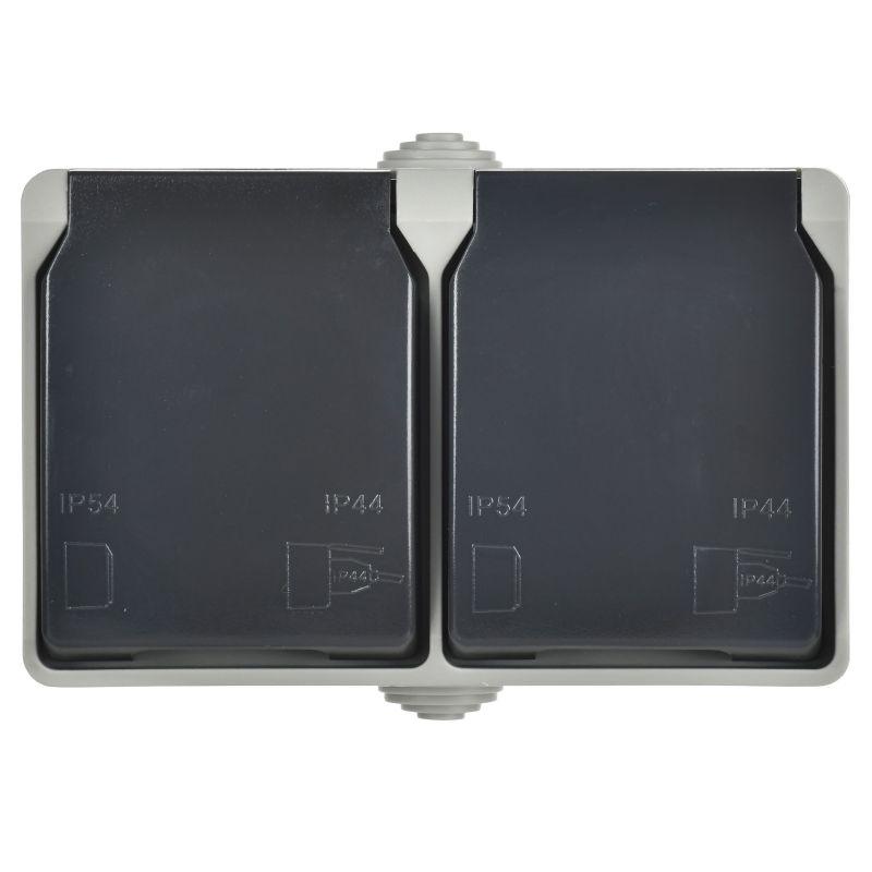 Розетка 2-м ОП Форс РСб22-3-ФСр 16А IP54 с заземл. с крышкой сер. IEK ERS22-K03-16-54-DC