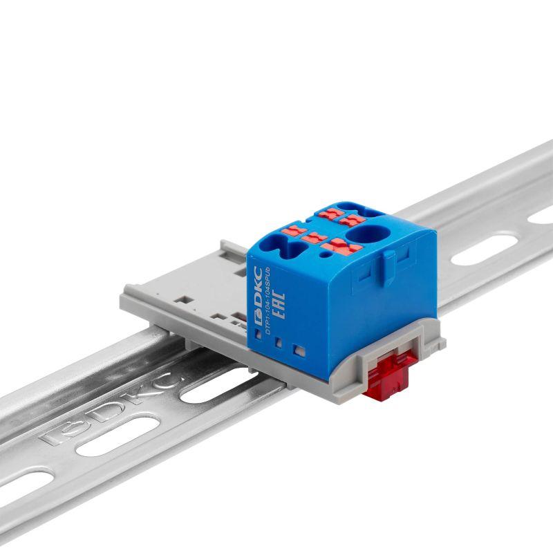 Блок распределительный зажим push-in 1 ввод 6кв.мм 4 точки подключения 25кв.мм син. DKC DTP1-104-104SPUB