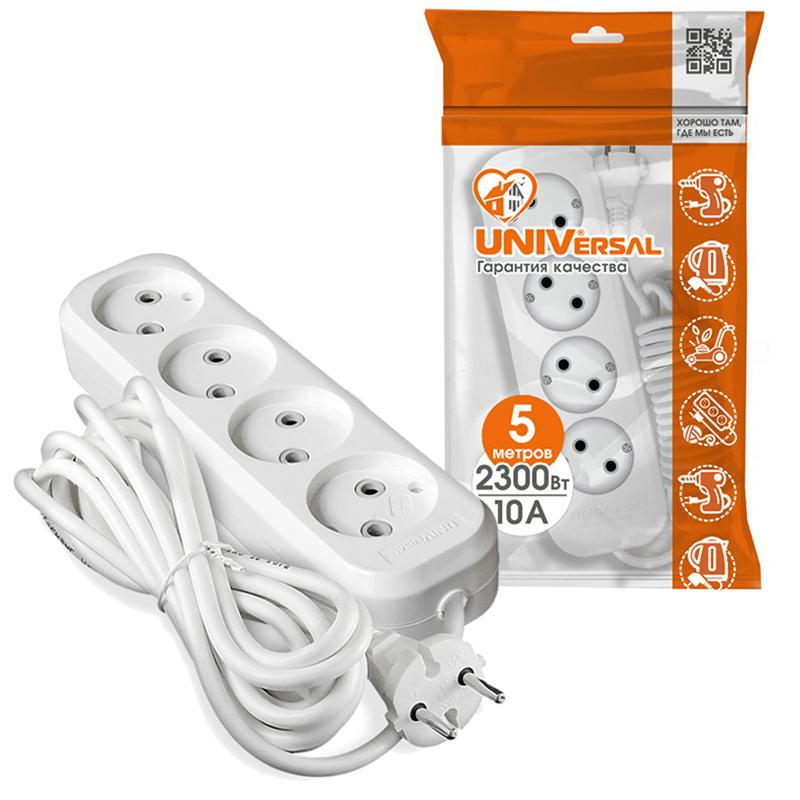 Удлинитель 4х5м без заземл. 10А IP20 Е-204 ПВС 2х0.75 АБС-пластик UNIVersal 9631969