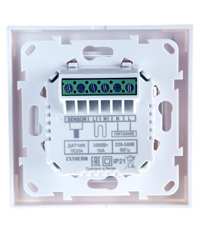 Термостат програмируемый с сенсорными кнопками и датчиком темпер. пола без расписания совместим с рамками с внутрен. размером 56х56мм Schneider Unica Exxact и Legrand Valena бел. Extherm ET-43(w)