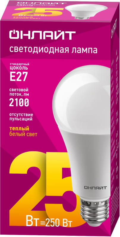 Лампа светодиодная 61 953 OLL-A60-25-230-2.7K-E27 25Вт грушевидная 2700К тепл. бел. E27 2500лм 176-264В ОНЛАЙТ 61953