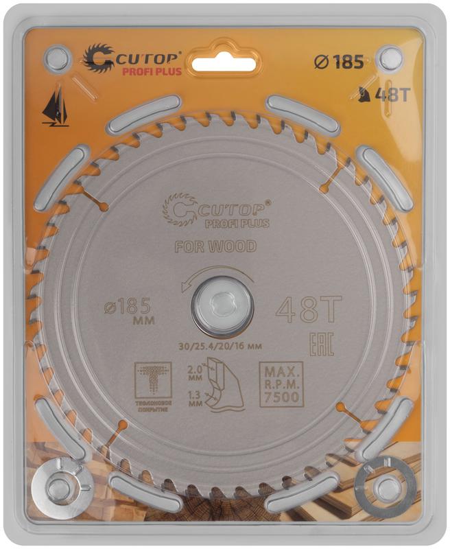 Диск пильный по дереву с тефлоновым покрытием 48Т Profi plus 185х1.3/2.0х30/25.4/20/16мм Cutop 75-18548Т