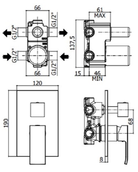 Смеситель встраиваемый для душа на 2 выхода Paffoni ELLE EL018CR/M встраиваемый на 2 выхода Хром