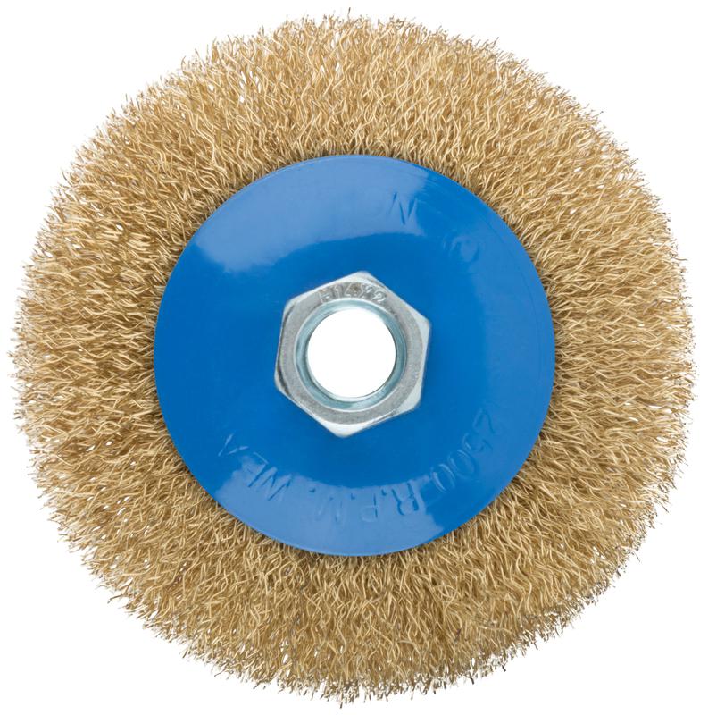 Корщетка тип "колесо" с наклоном гайка М14 стальная волнистая латунированная проволока 100мм MOS 38926М