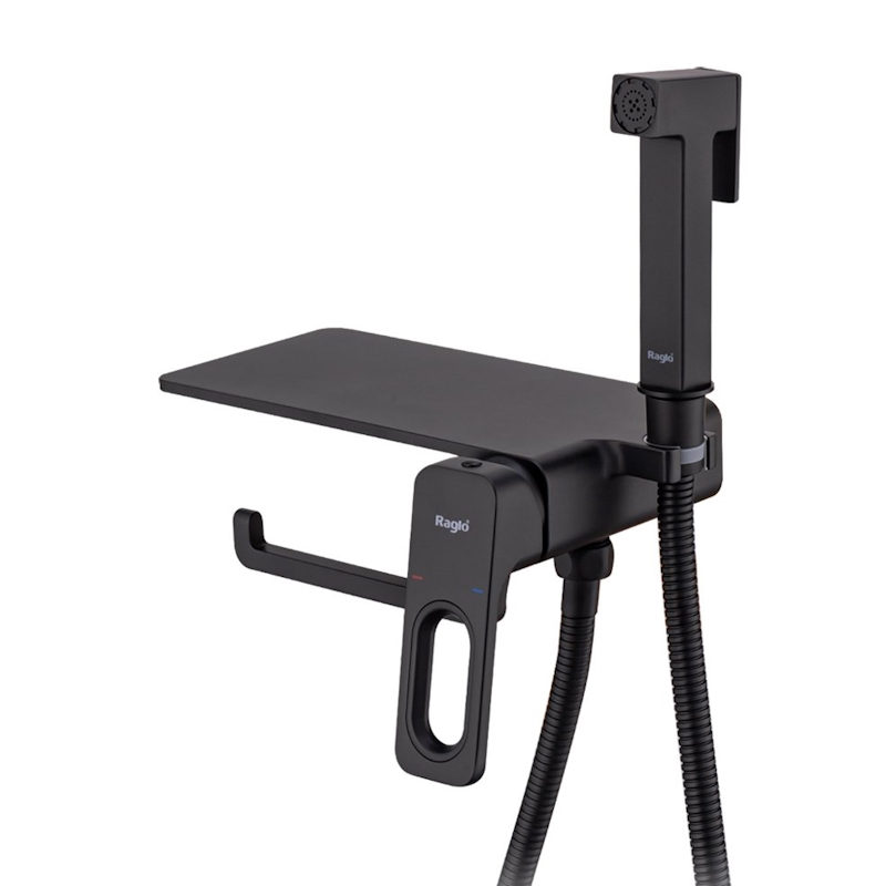 Гигиенический душ со смесителем встраиваемый с полкой и бумагодержателем Raglo R51.55.06, черный