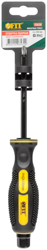 Отверткa ударная сталь S2 шестигран. жало боек под ключ прорезиненная ручка профи 6х100мм PH2 FIT 55626