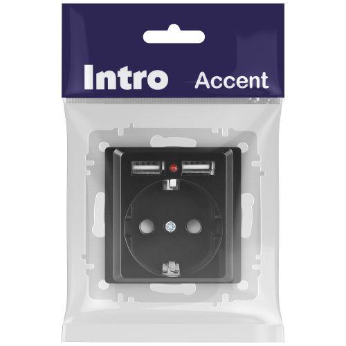 Розетка 1-м СП Accent 6-410-05 16А IP20 250В P+E Schuko + 2хUSB защ. шторки антрацит Intro Б0063698