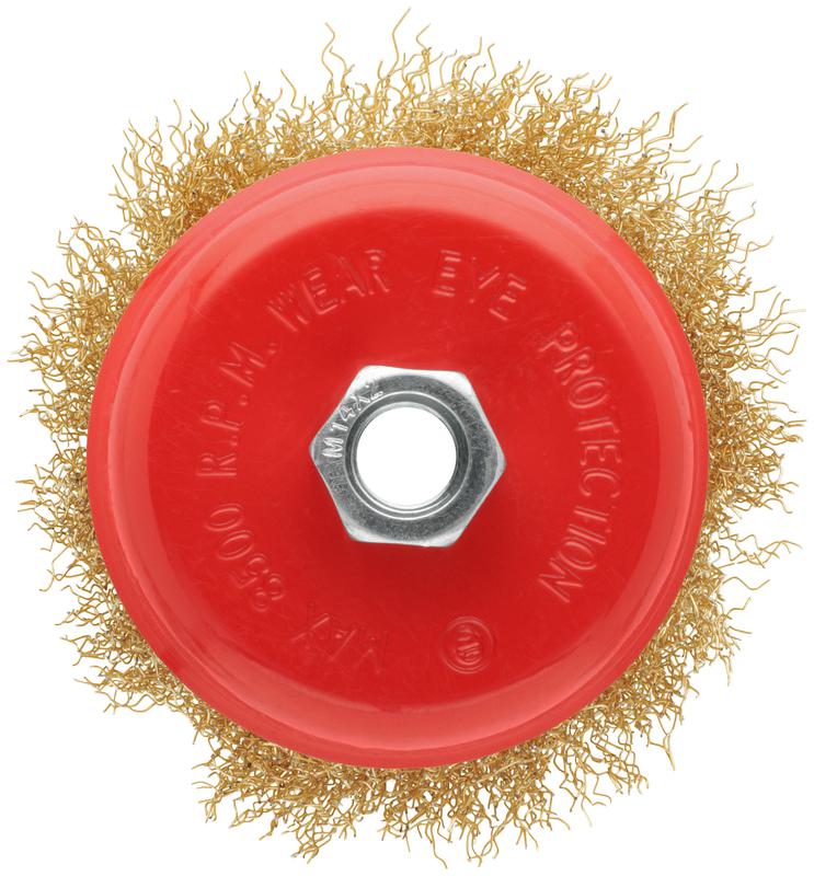 Корщетка-чашка гайка М14 стальная латунированная волнистая проволока 100мм блистер КУРС 39093