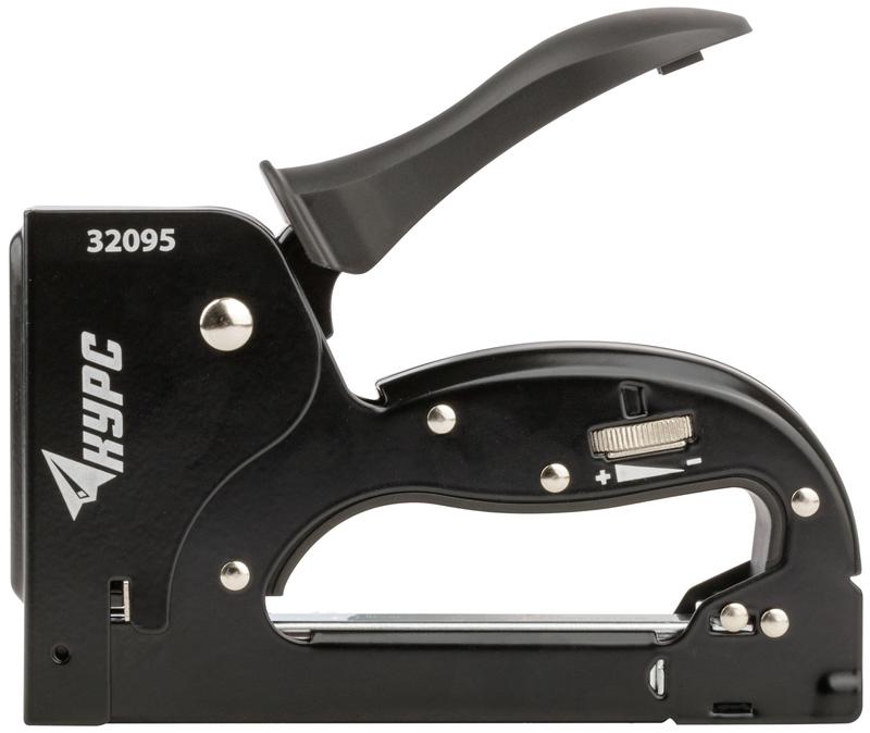 Степлер для узких скоб "тип 53" 4-14мм с регулир. силы удара прорезин. рычаг корпус метал. черн. КУРС 32095