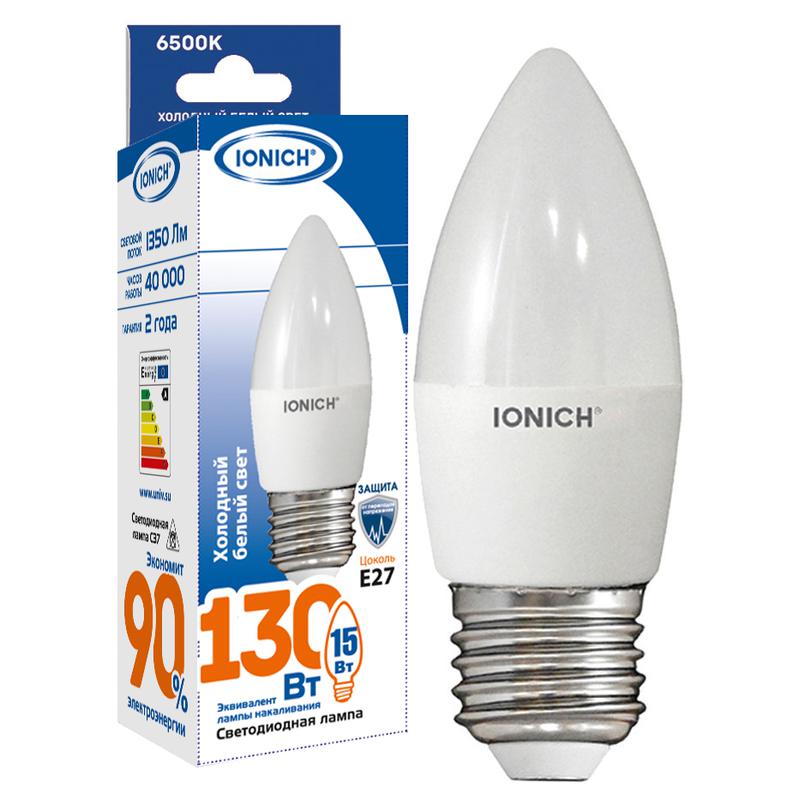 Лампа светодиодная C37 15Вт свеча 6500К E27 230В IONICH 1903