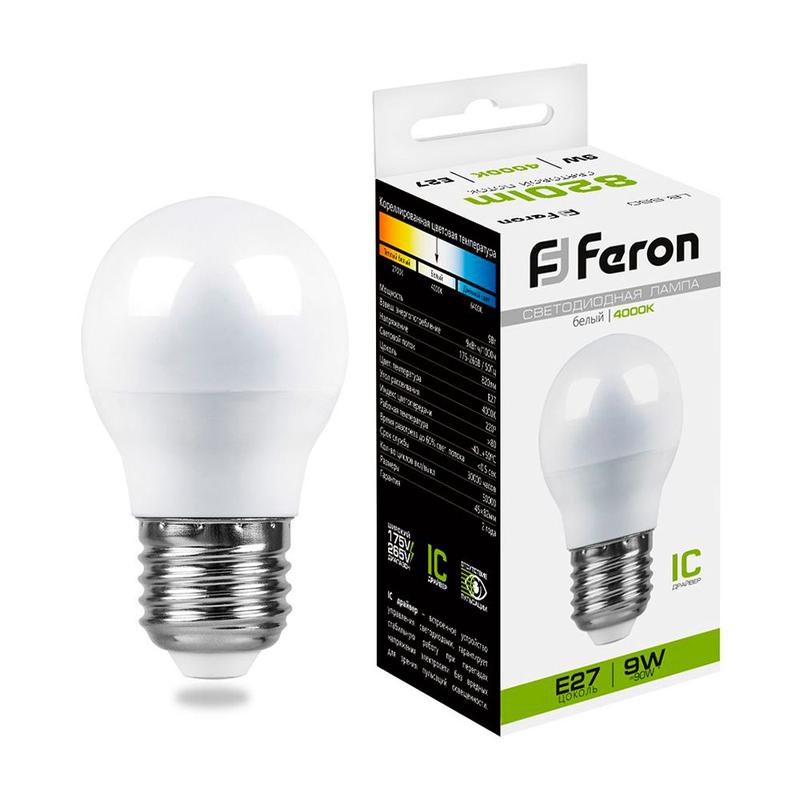 Лампа светодиодная 9Вт 230В E27 4000К G45 LB-550 FERON 25805
