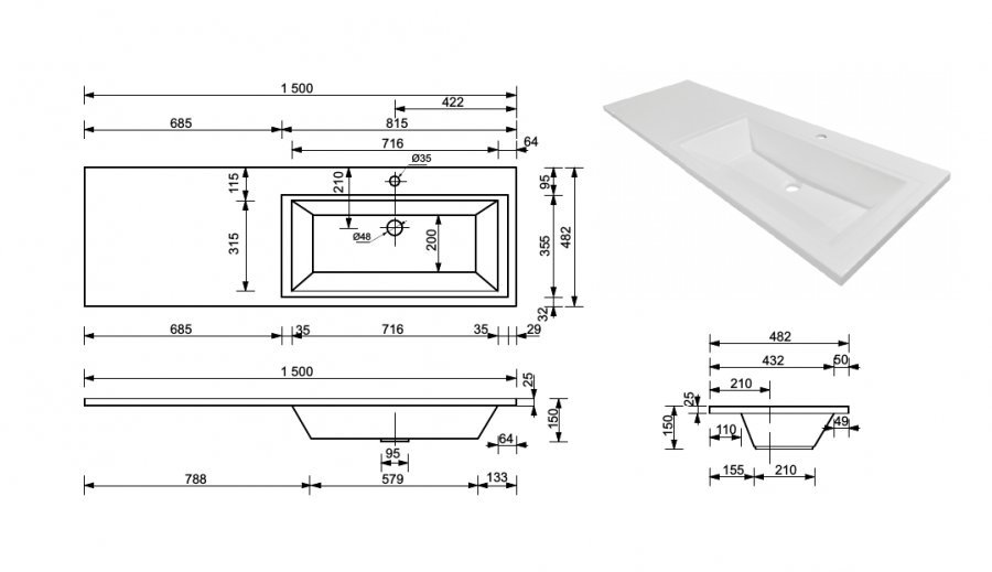 Тумба подвесная "Даллас 150", 2 ящика, Люкс белая, PLUS