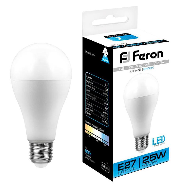 Лампа светодиодная 25Вт 230В E27 6400К A65 LB-100 FERON 25792