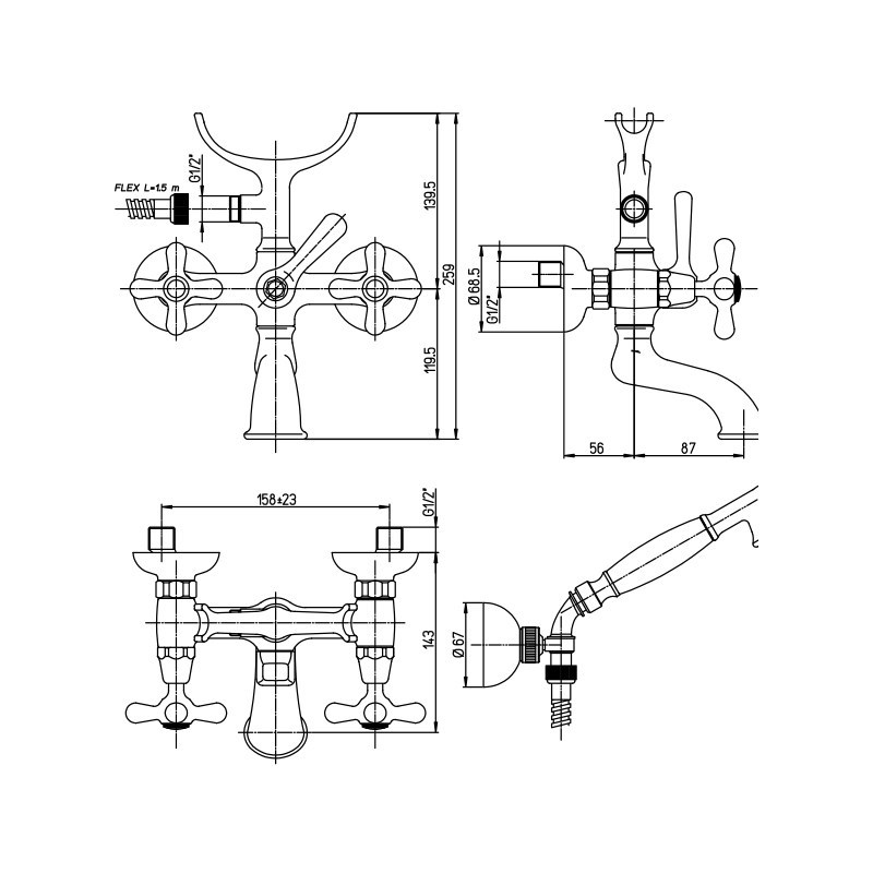 Смеситель Paini Liberty 17F3105KM для ванны с душевым набором