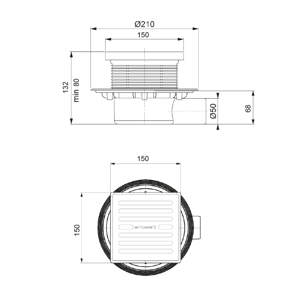 Трап с мульти-сифоном BETTOSERB Superior Quadro 15х15 горизонтальный выпуск