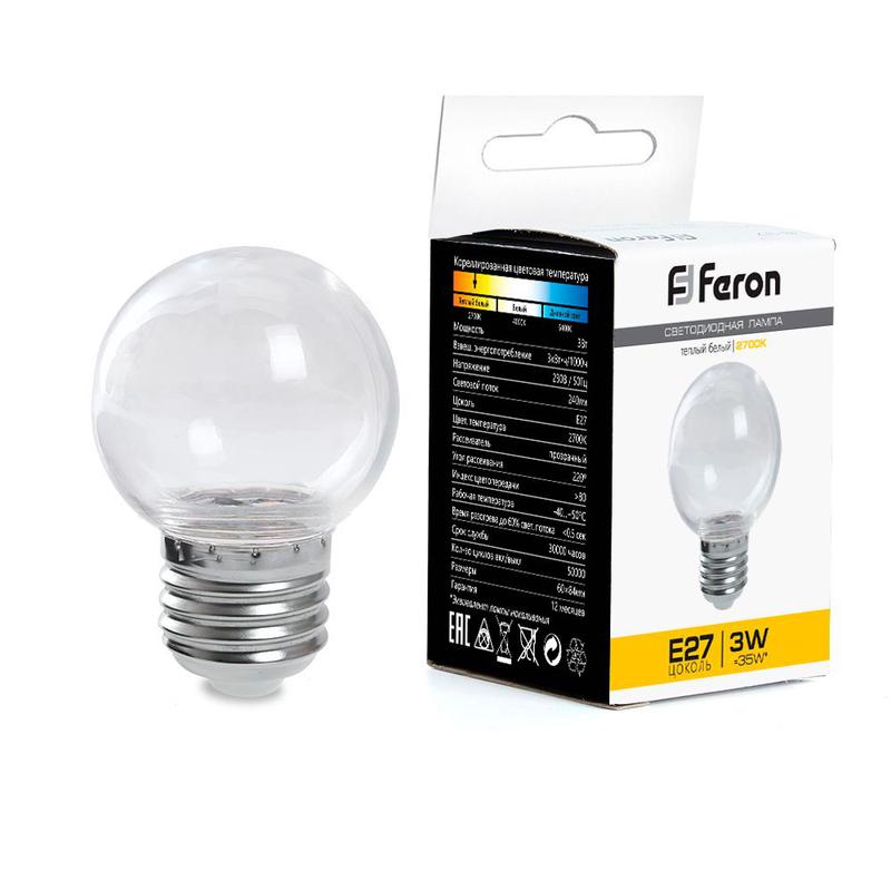 Лампа светодиодная 3Вт 230В E27 2700К G60 прозрачн. LB-371 FERON 38121