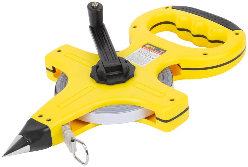 Рулетка геодезическая 50м стальная лента открытый пластик. корпус прорезиненная ручка желт. FIT 17803