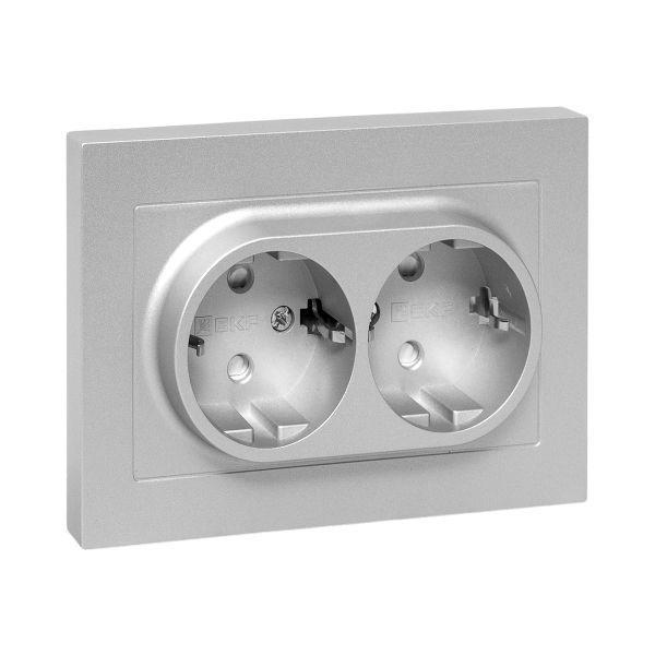 Розетка 2-м СП Эпика 16А с заземл. защ. шторки с рамкой механизм алюм. EKF UP1-SOA-211