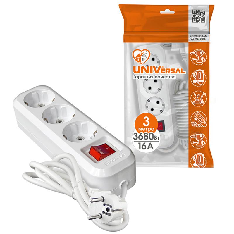 Удлинитель 3х3м с заземл. IP20 S-303А ПВС 3х1.5 с выкл. Universal 1726
