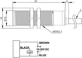 Датчик индуктивный (PNP-НО) кабель 2мх3 (расс. сраб. 5мм 800Гц) скрытый мотаж 10-30В DC IP67 EMAS SIM18FM1PC2