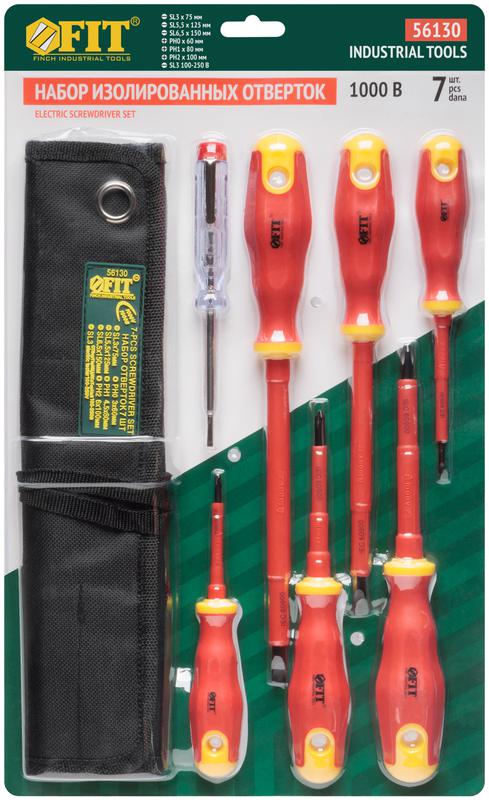 Набор отверток изолированных 1000 В CrV сталь прорезин. ручки в нейлоновом конверте 6шт+ 1 индикаторная FIT 56130