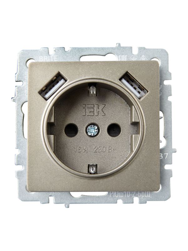 Розетка BRITE РЮш10-2-БрШ 16А с USB A+A 3.1А с заземл. защ. шторки механизм шампань IEK BR-R14-16-U21-D31-K37