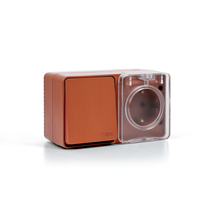 Блок ОП AtlasDesign PROFI IP54 (розетка 1-м 16А заземл. защ. шторки + 1-кл. выключатель 10А) терракот. SE ATN547070