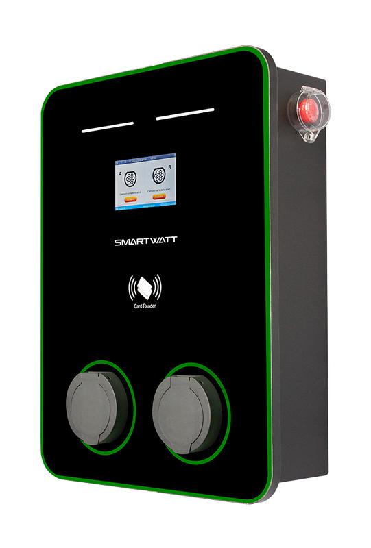 Станция зарядная для электромобилей EVC 44кВт OCPP 1.6J 3ф 380В два поста по 22кВт 32А переменный ток розетки Type2 IP54 коммерческая SmartWatt 4512020470004