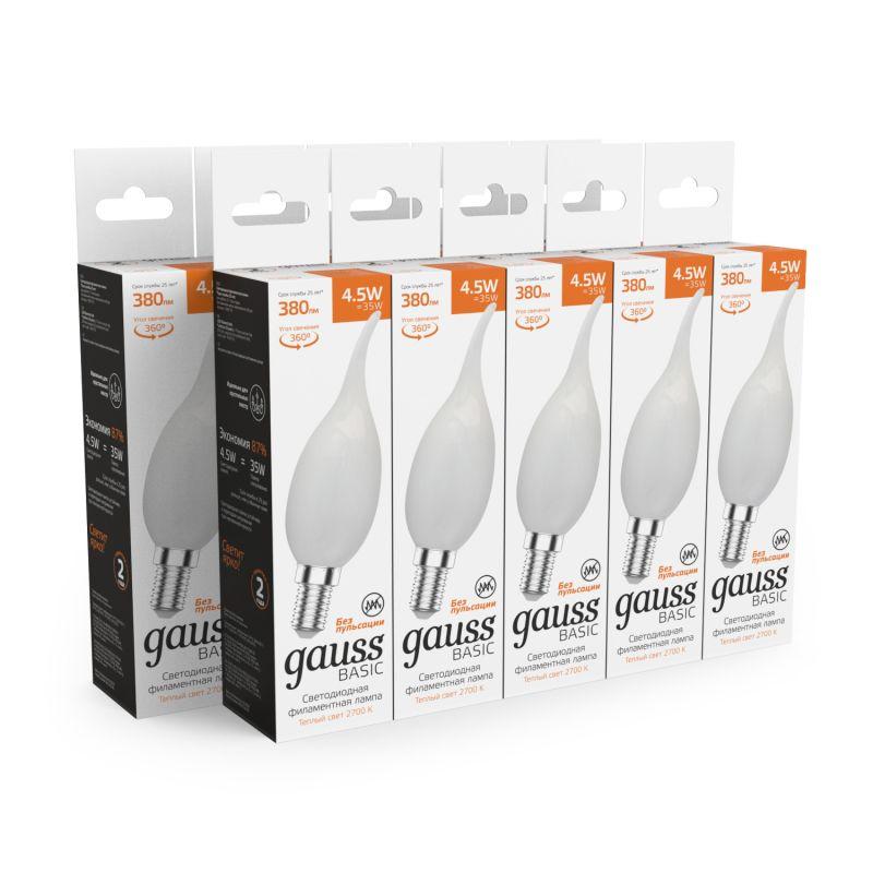 Лампа светодиодная филаментная Basic Filament 4.5Вт Свеча на ветру 2700К Е14 380лм milky GAUSS 1045115