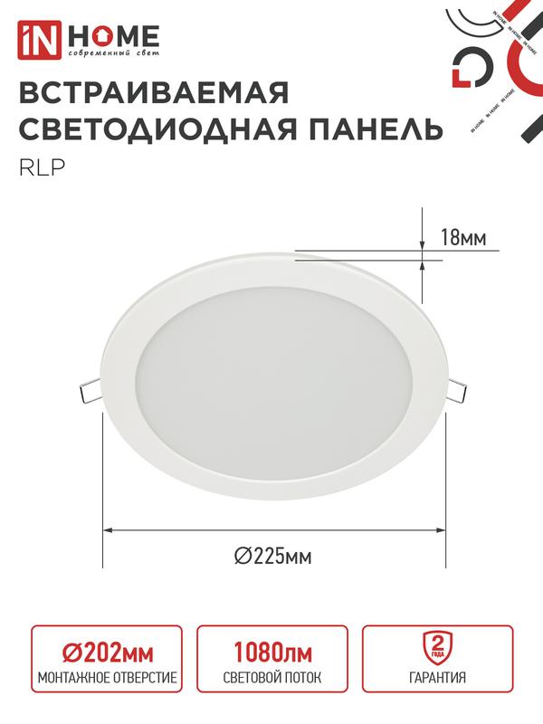 Светильник светодиодный RLP 18Вт 4000К IP40 1080лм 230В 225мм круглый встраив. панель бел. IN HOME 4690612007984