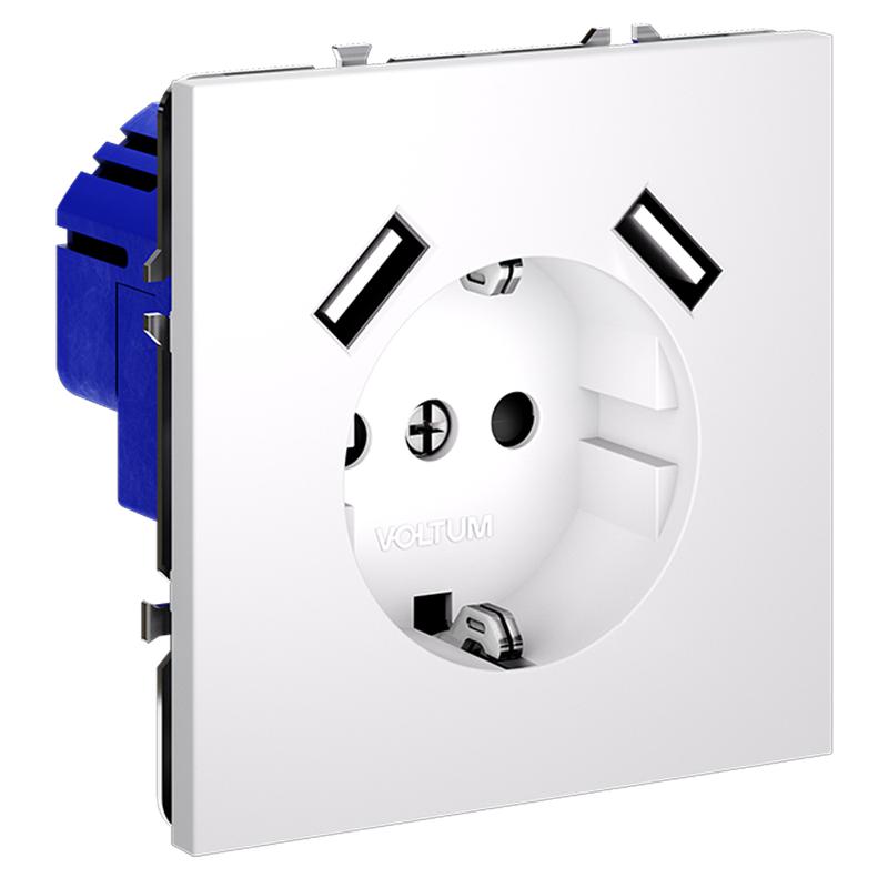 Розетка 1-м СП S70 16А с USB A+A с заземл. защ. шторки механизм бел. матов. Voltum VLS040402