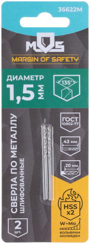 Сверло по металлу HSS шлифованные в блистере угол заточки 135град. 1.5х43мм (уп.2шт) MOS 35622М