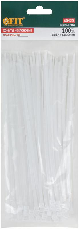 Хомут для проводов 200х3.6мм нейлон. бел. (уп.100шт) FIT 60420