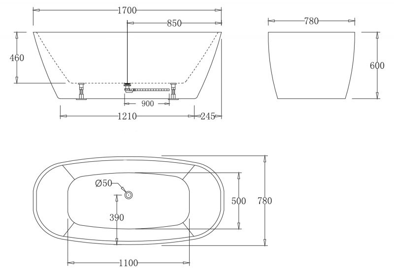 Акриловая ванна без перелива BELBAGNO BB72-1700-W0, 1700x780x600