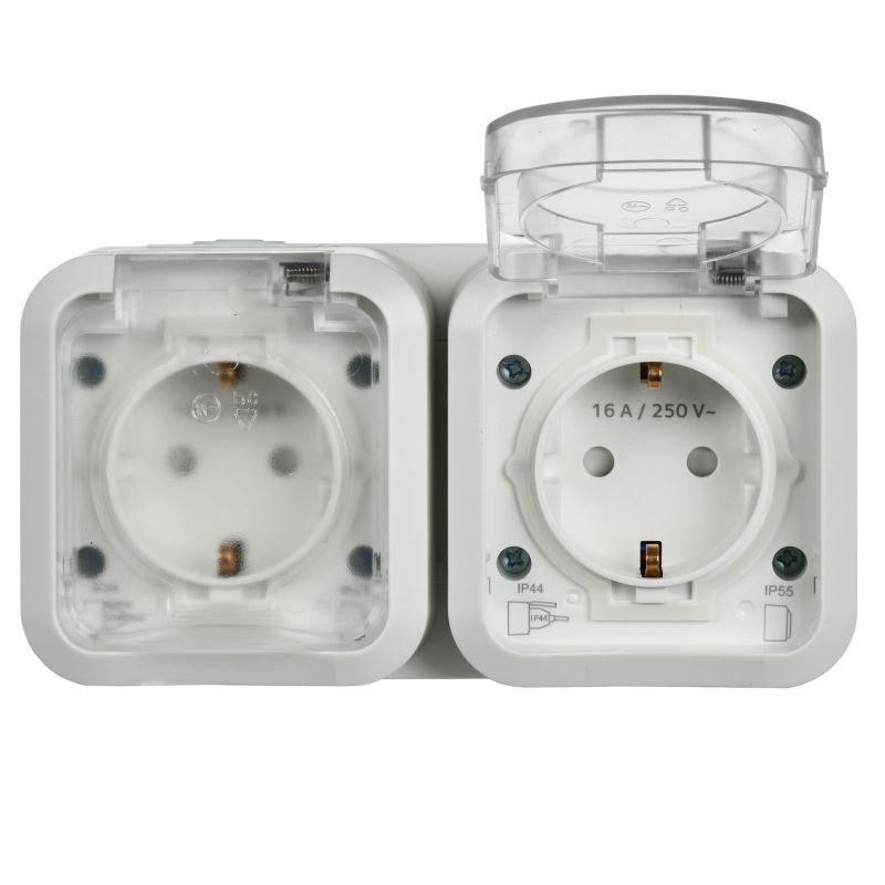 Розетка 2-м ОП TORS TS322 16А IP55 горизонт. с заземл. с крышкой бел. IEK TS-R26-16-55-G-K01