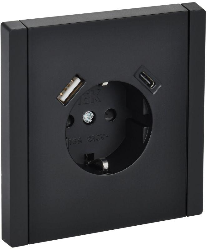 Розетка FORTE&PIANO FP147 16А USB A+C 18Вт с заземл. защ. шторки винт. крепл. черн. IEK FP-R14-16-U22-018-K02