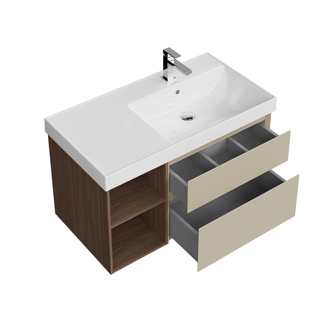 Тумба CUBO правая подвесная с ящиками 90, лимо матовая- структ.орех