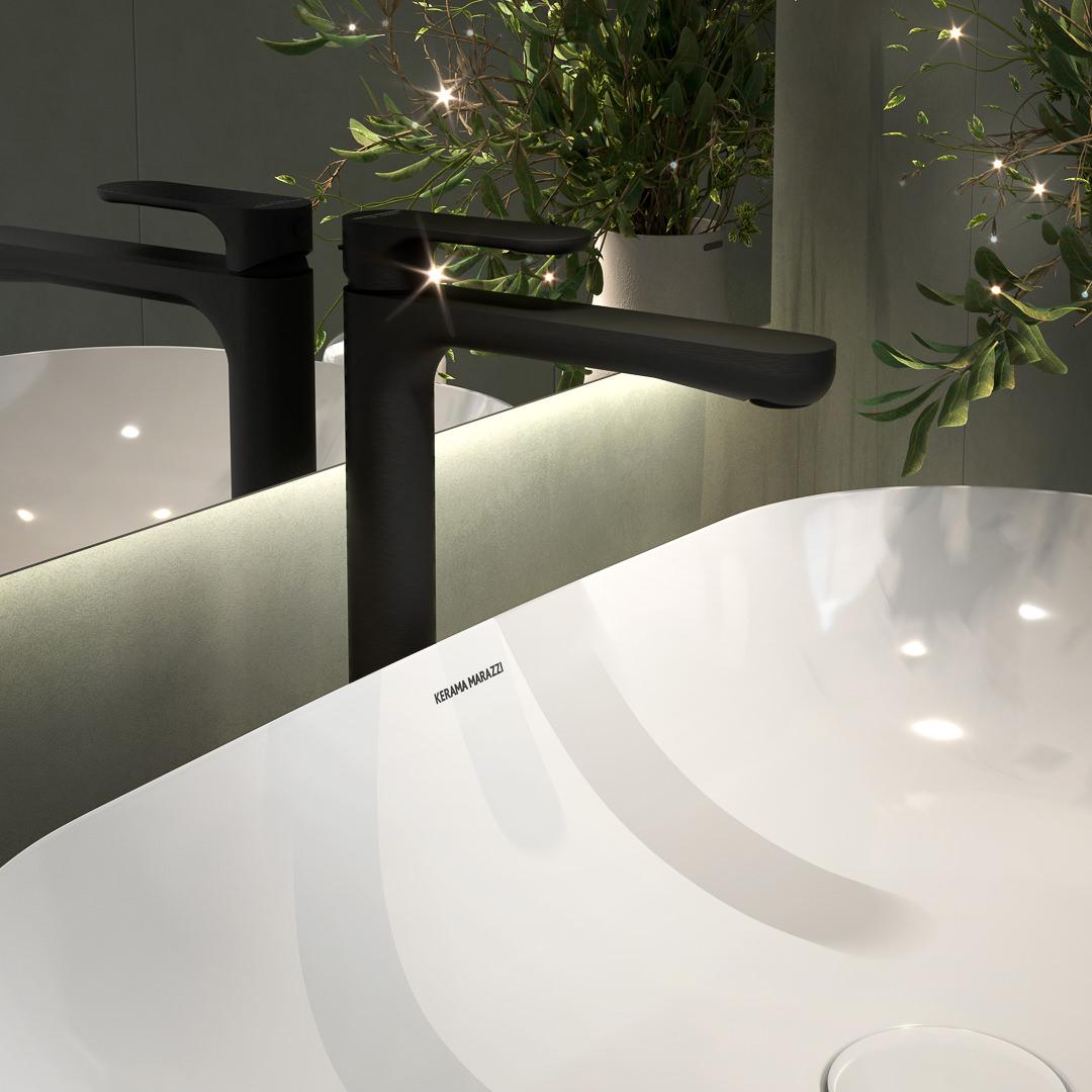 Смеситель для раковины OLE однорычажный высокий без донного клапана, матовый черный