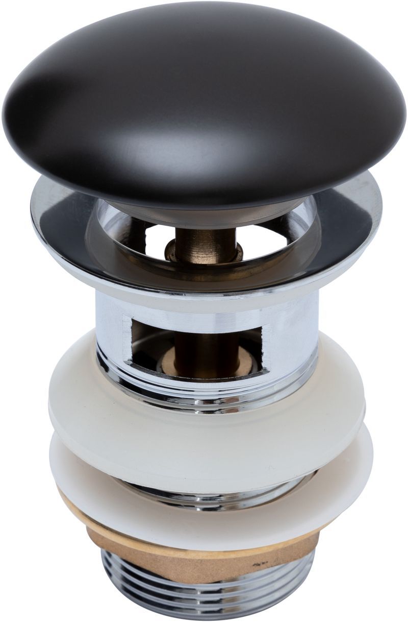 Донный клапан латунь с переливом крышка керамика черный матовый (333929)