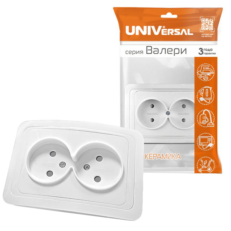 Розетка 2-м СП Валери 16А IP20 без заземл. защ. шторки бел. UNIVersal В0102x
