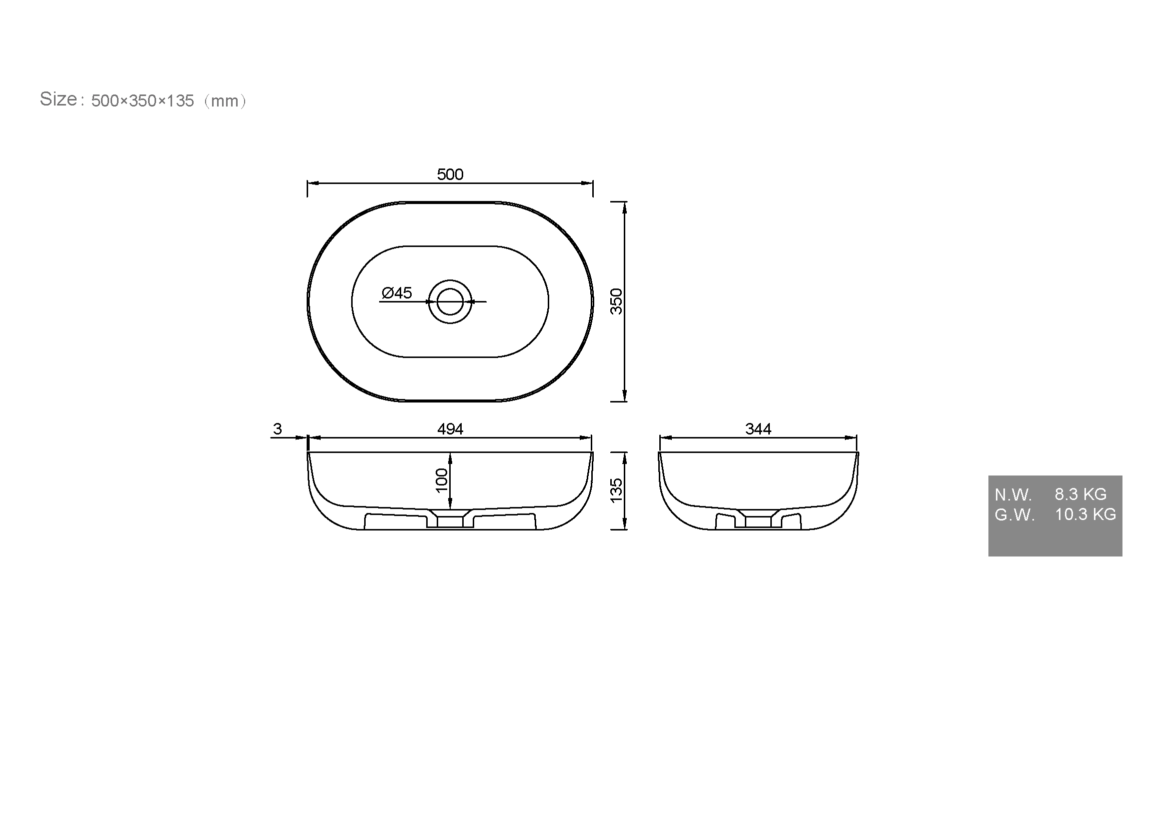 Раковина-чаша кориан овальная матовая, Slim 500*350*135