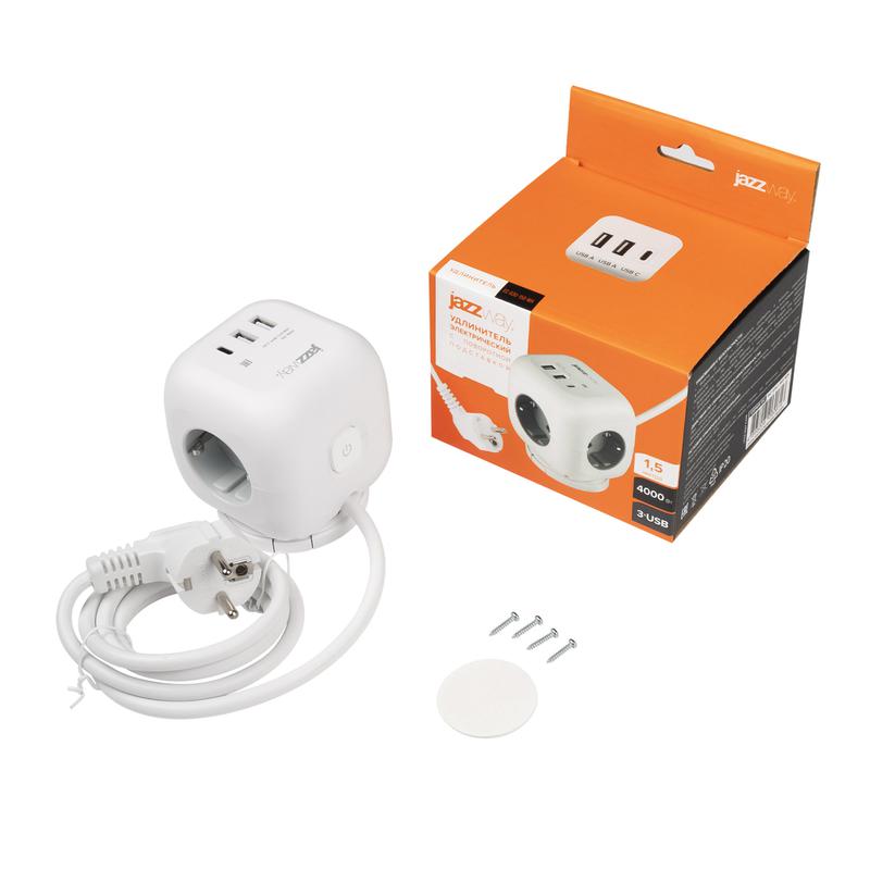 Удлинитель 3х1.5м с заземл. 2хUSB typeA + 1х typeC с выкл. на поворотн. подставке EC-03U-150-wh ПВС 3х1 бел. JazzWay 5060616