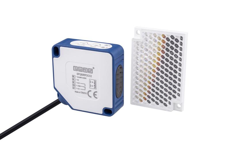 Датчик фотоэлектрический (релейный выход) кабель 2мх4 (расст. сраб. 7м светоотражение max 20мс) 24-240В AC/DC IP65 EMAS SPQ50RP2CC2