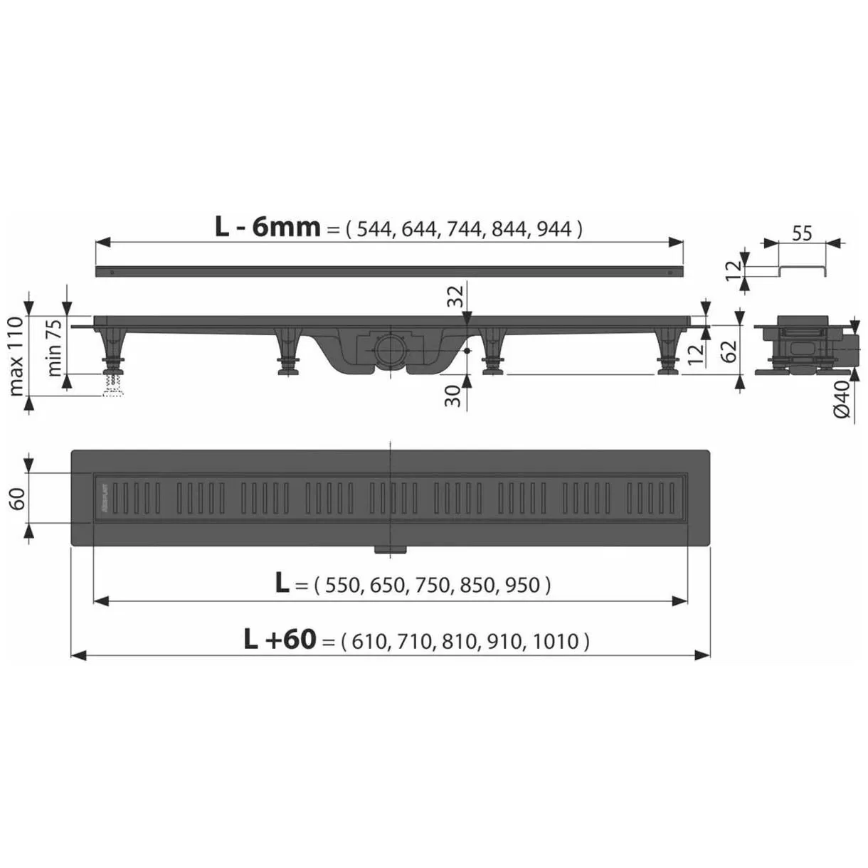 Душевой лоток smart из нержавеющей стали, черный