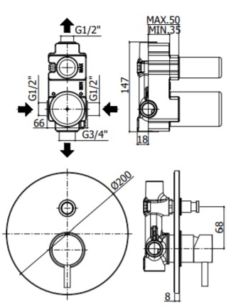 Смеситель встраиваемый для душа на 2 выход Paffoni LIGHT LIG015HG встраиваемый Золото медовое
