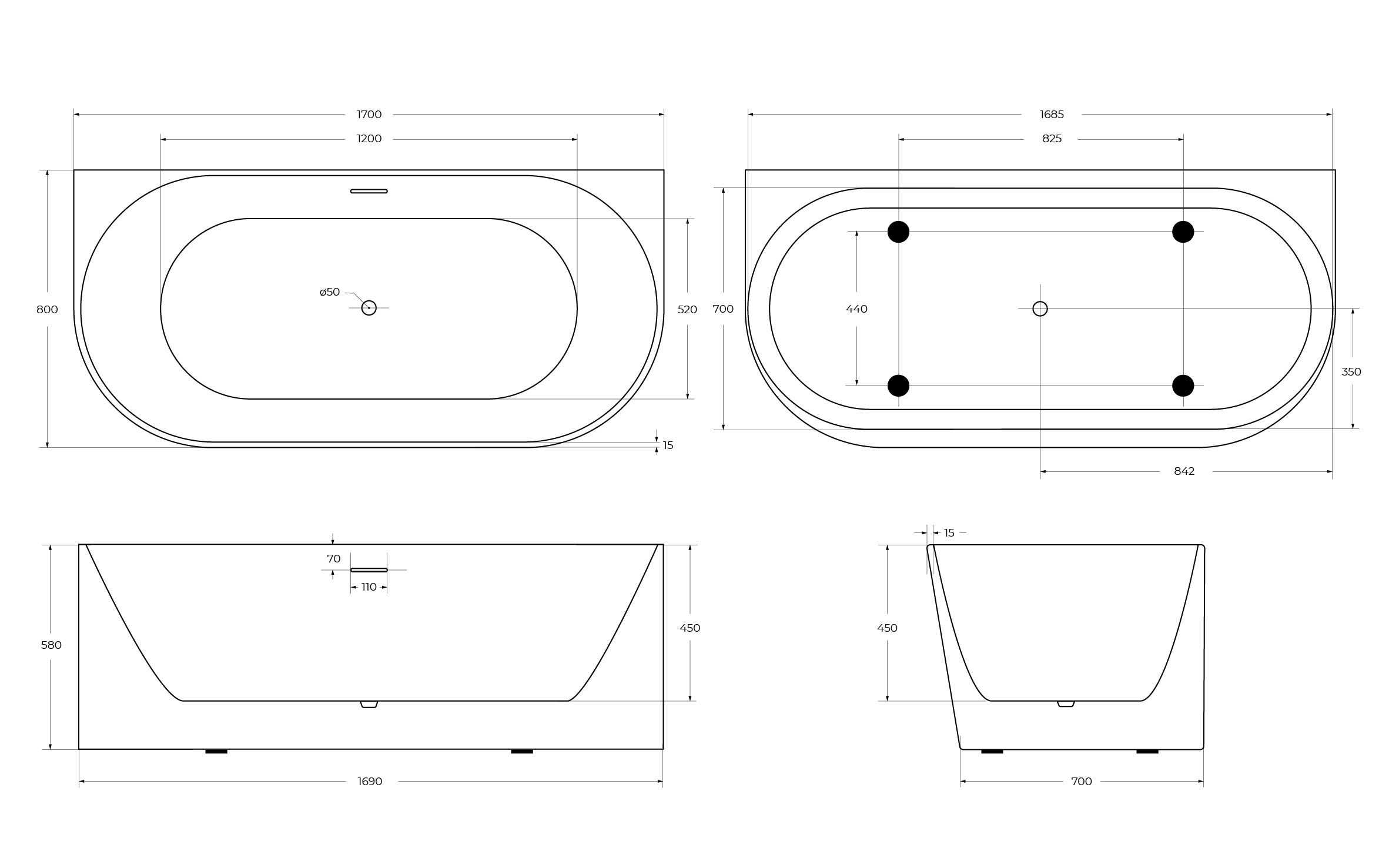 Акриловая ванна BELBAGNO BB412-1700-800-MATT, пристенная, белая матовая