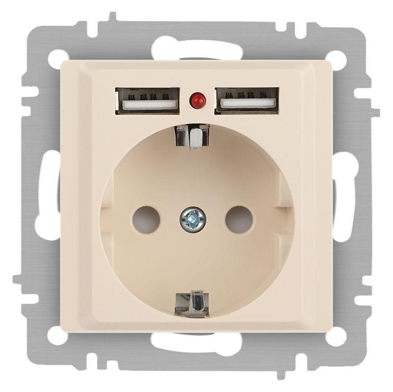 Розетка 1-м СП Accent 6-410-02 16А IP20 250В P+E Schuko + 2хUSB защ. шторки сл. кость Intro Б0063692