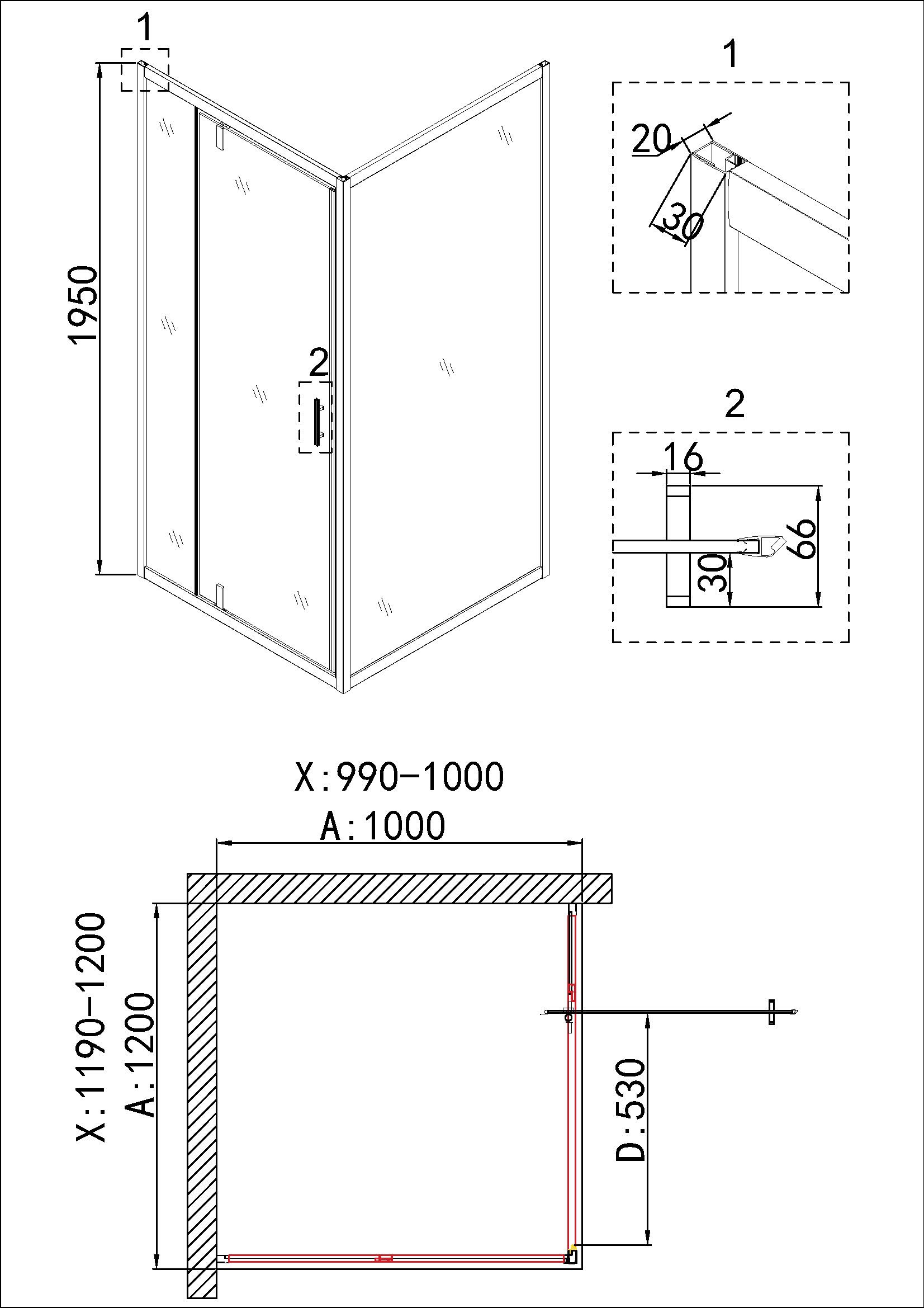 Душевое ограждение NG-43-12AG-A100G (120*100*195) прямоугольник, дверь распашная