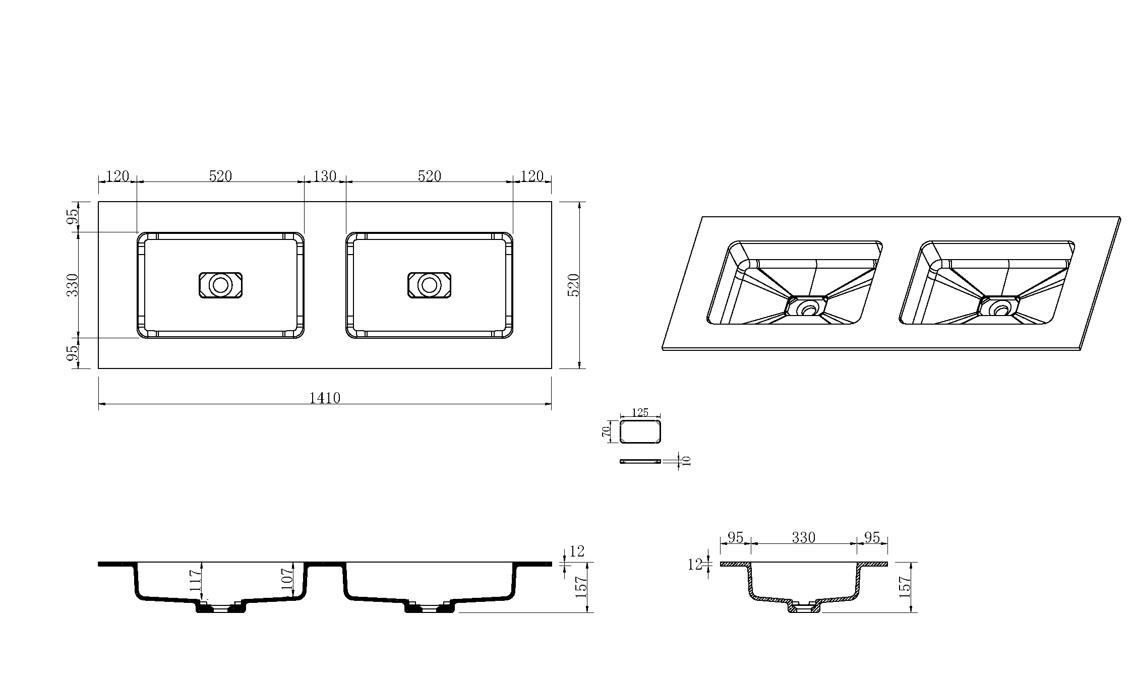 QUATRO 140 раковина-моноблок WHITE (двойная) 1410*520*157 акрил